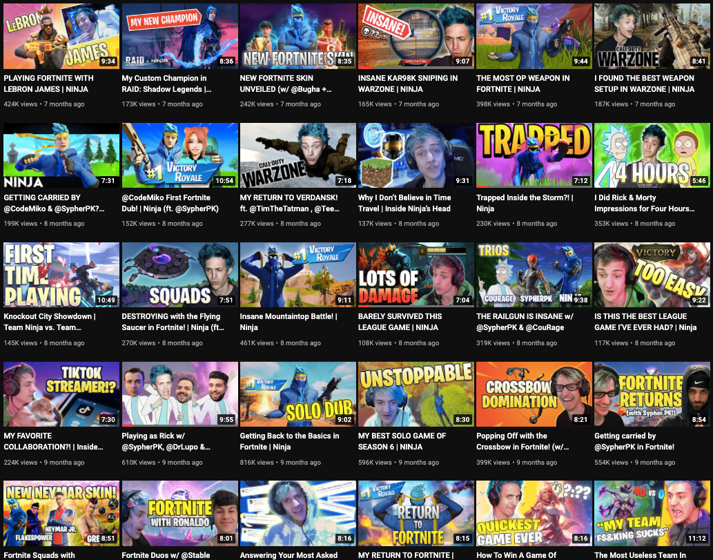 Ninja's YouTube thumbnails